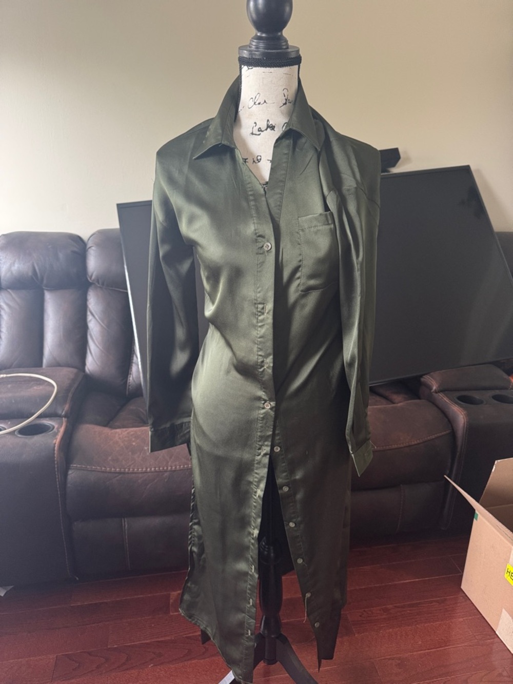 Fashion Nova Olive Satin Shirt Dress Belted Midi Dress Small